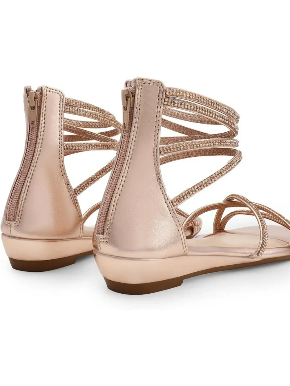 Women's Champagne Rhinestones Gladiator Flat Sandals Ankle Strap Comfortable Zip